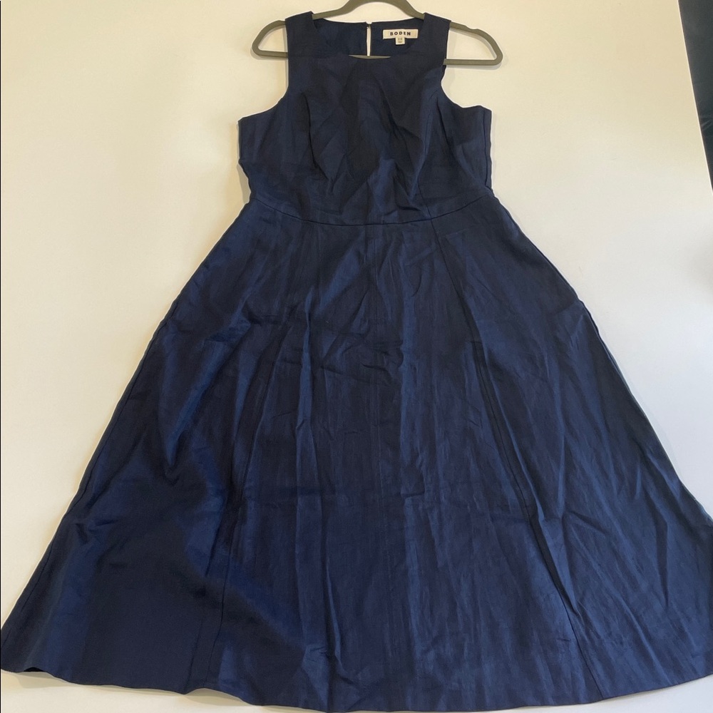 Boden Carla Linen Navy Blue Sleeveless A-Line Midi Dress Business Office Size 10